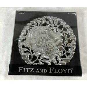FITZ & FLOYD CAST METAL SILVER 8"‎ TURKEY TRIVET W/VINES TRIM THANKSGIVING DECOR
